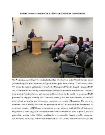 Richard Jordan Presentation on the Power of NGOs at the United Nations  On Wednesday, April 10,