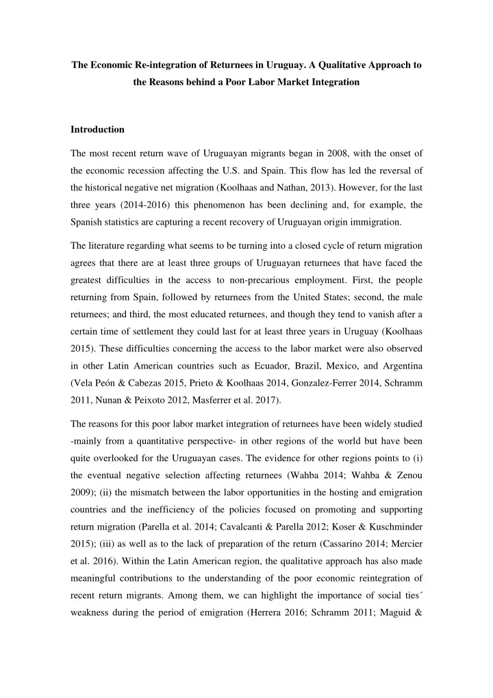 the economic re integration of returnees in uruguay a