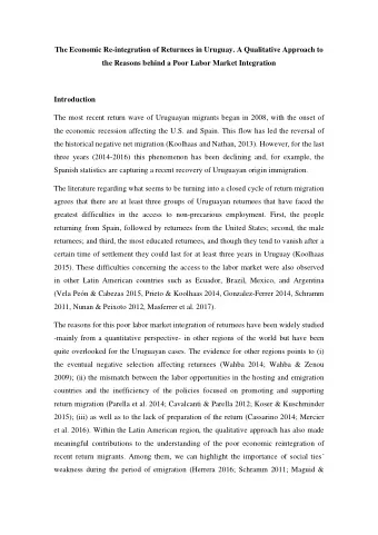 The Economic Re-integration of Returnees in Uruguay. A Qualitative Approach to  the Reasons behind