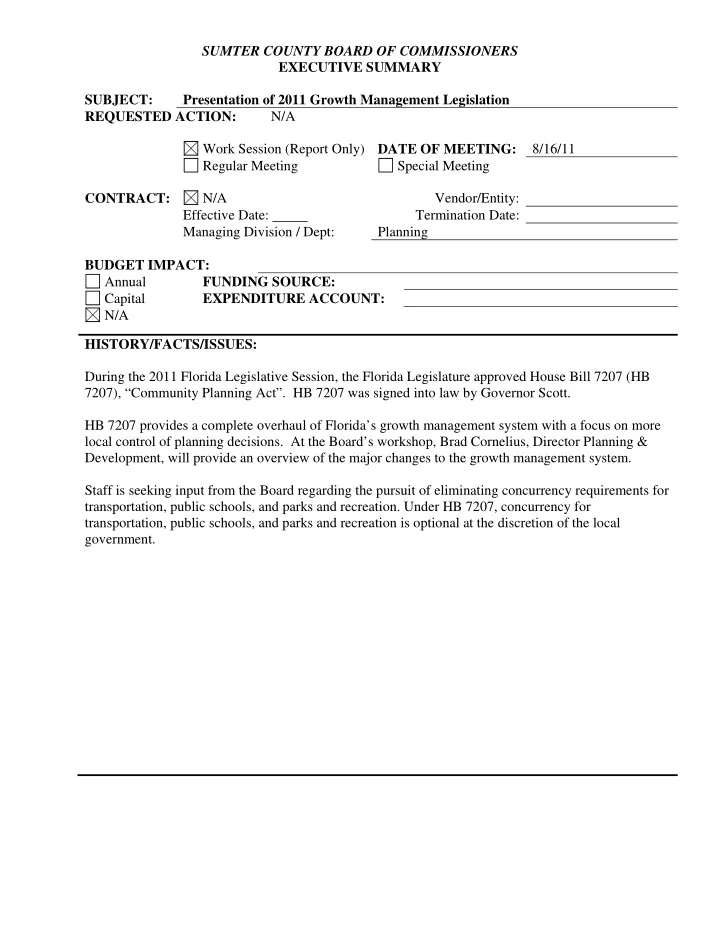 sumter county board of commissioners executive summary