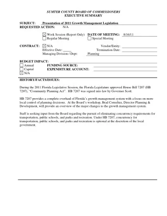 SUMTER COUNTY BOARD OF COMMISSIONERS  EXECUTIVE SUMMARY  SUBJECT:  Presentation of 2011 Growth