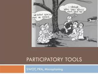 PARTICIPATORY TOOLS  SWOT, PRA, Microplaning  SWOT Analysis  SWOT Analysis  Weakness  Fears in