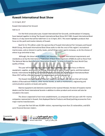 Kuwait International Boat Show  11-15 April, 2017  Kuwait International Fair Ground  Hall no. 8