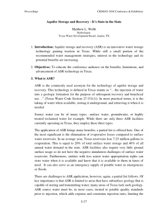 Aquifer Storage and Recovery - Its State in the State  Matthew L. Webb  Hydrologist, Texas Water