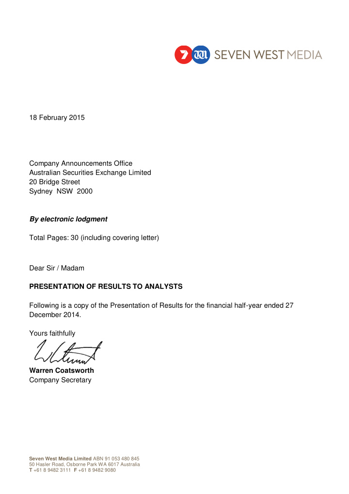 18 february 2015 company announcements office australian