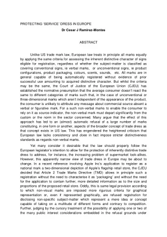 PROTECTING SERVICE DRESS IN EUROPE  Dr Cesar J Ramirez-Montes  ABSTRACT  Unlike US trade mark