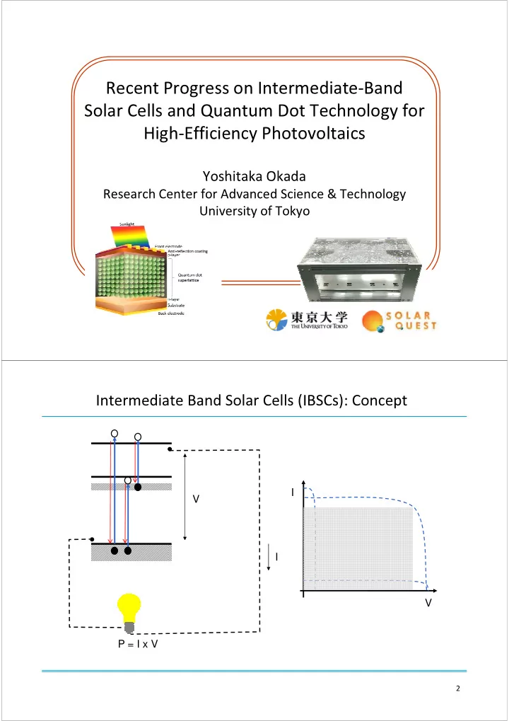 recent progress on intermediate band solar cells and
