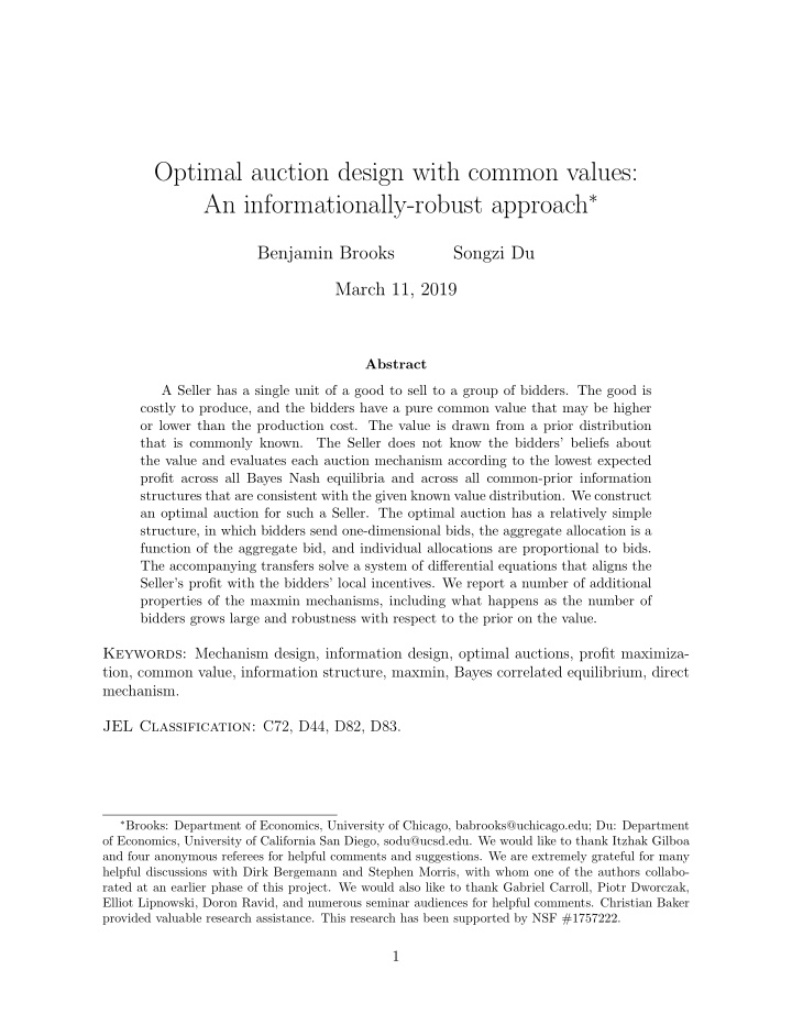 optimal auction design with common values