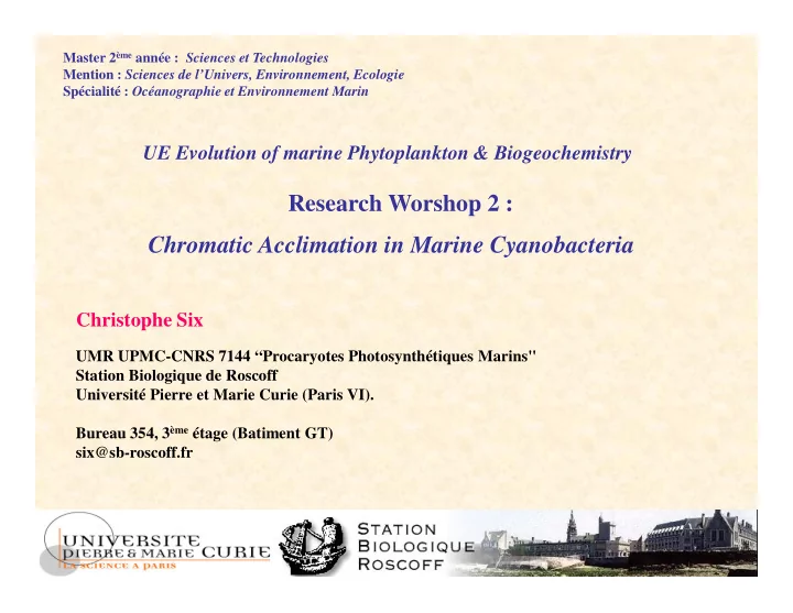 research worshop 2 chromatic acclimation in marine