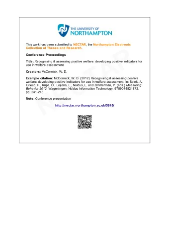 NECTAR This work has been submitted to NECTAR , the Northampton Electronic Collection of Theses and