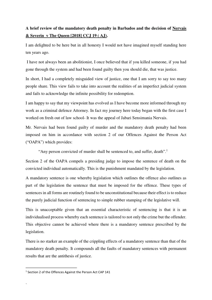 a brief review of the mandatory death penalty in barbados