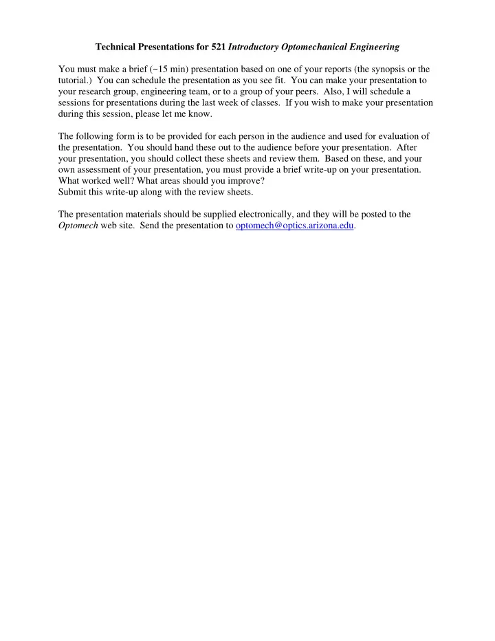 technical presentations for 521 introductory