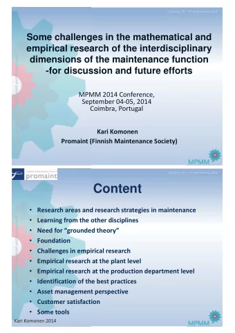 Content  Research areas and research strategies in maintenance  Maintenance Performance