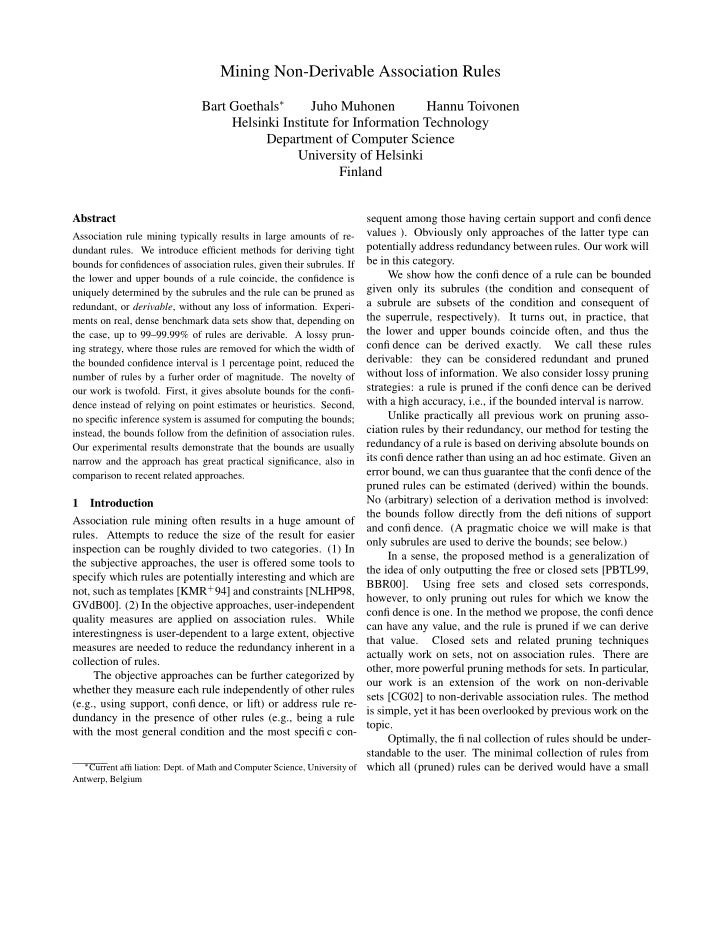 mining non derivable association rules