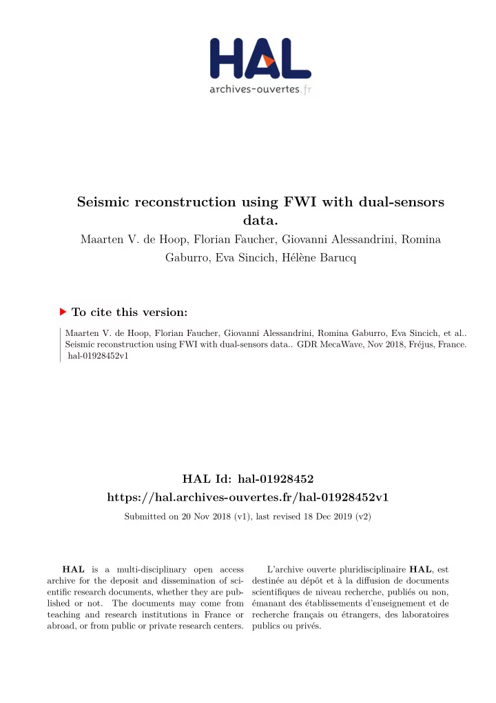 data seismic reconstruction using fwi with dual sensors
