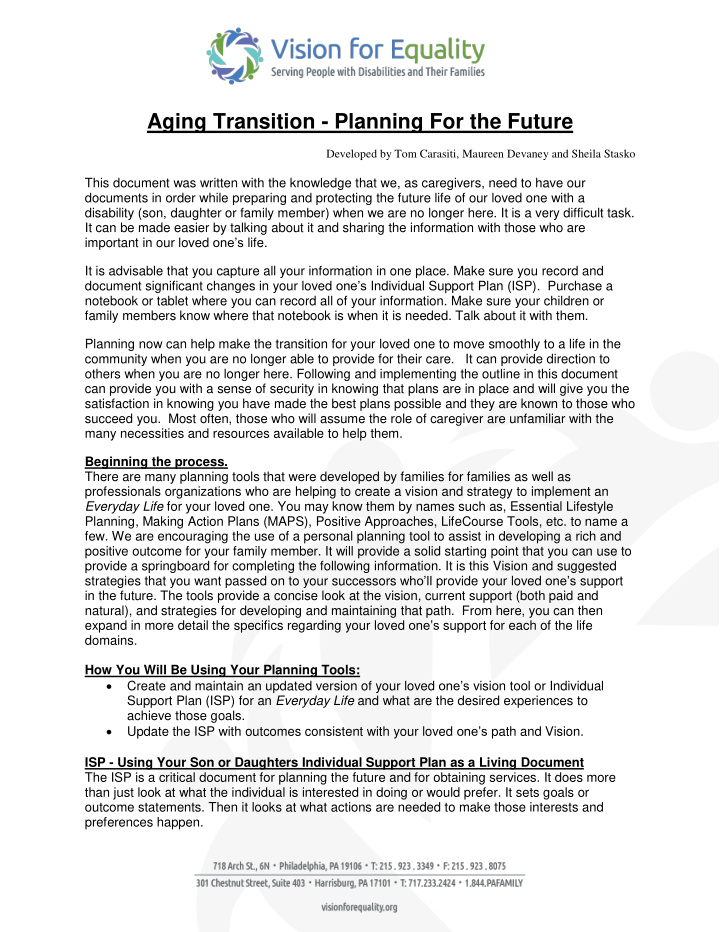 aging transition planning for the future developed by tom