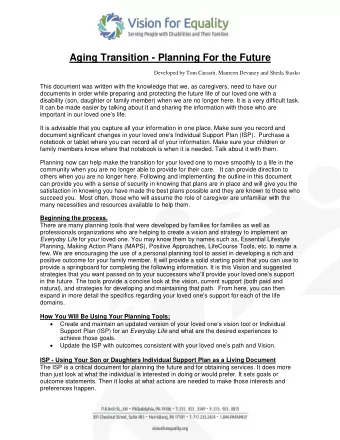 Aging Transition - Planning For the Future  Developed by Tom Carasiti, Maureen Devaney and Sheila
