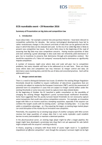 ECIS roundtable event  29 November 2016  Summary of Presentation on big data and competition law