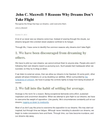 John C. Maxwell: 5 Reasons Why Dreams Dont  Take Flight Recognize the things that trap our