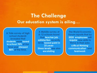 The Challenge Our education system is ailing   A MetLife survey of  The World Economic  A Yale