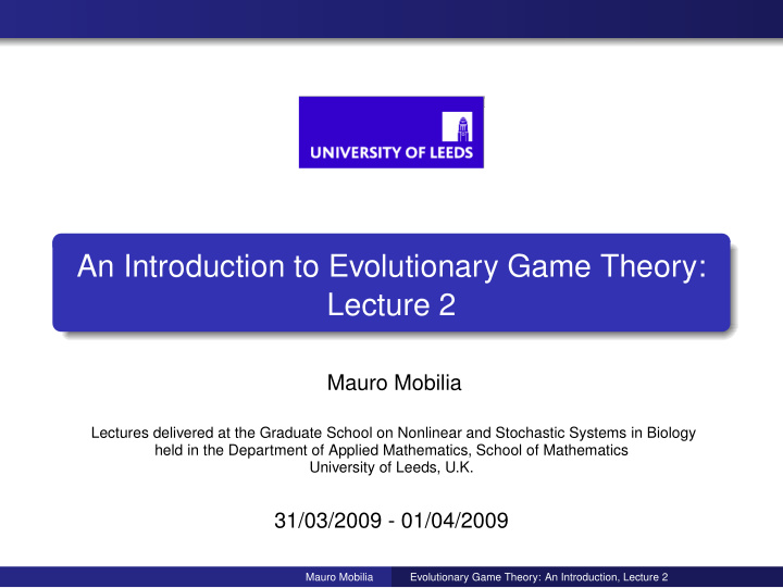 an introduction to evolutionary game theory lecture 2