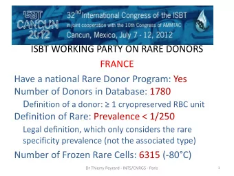 ISBT WORKING PARTY ON RARE DONORS  FRANCE  Have a national Rare Donor Program: Yes  Number of