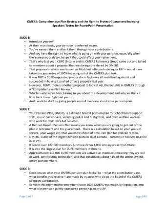 OMERS: Comprehensive Plan Review and the Fight to Protect Guaranteed Indexing Speakers Notes for