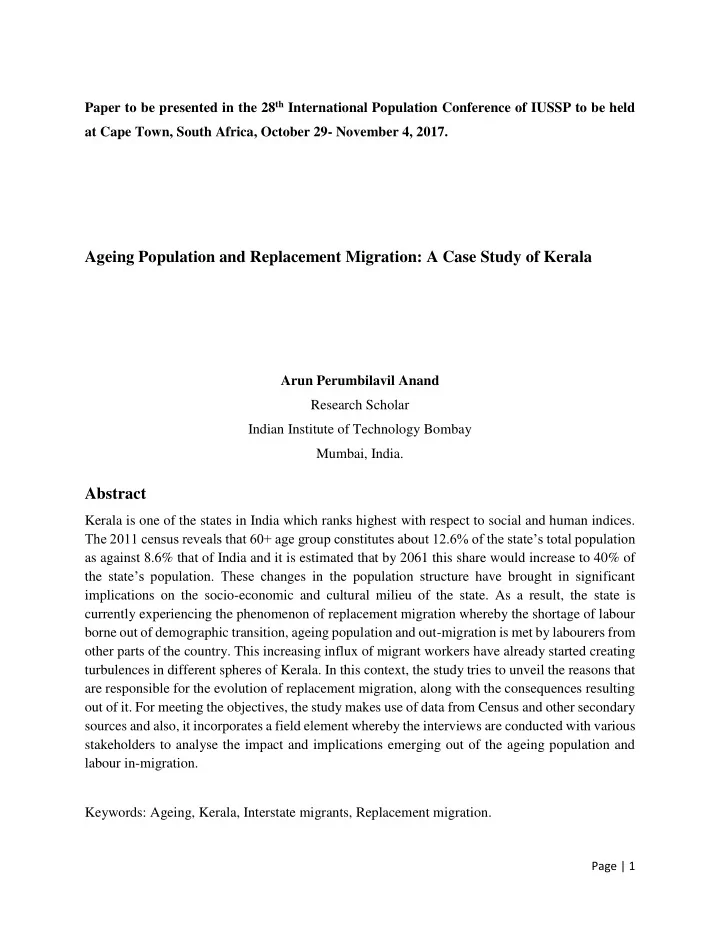 ageing population and replacement migration a case study