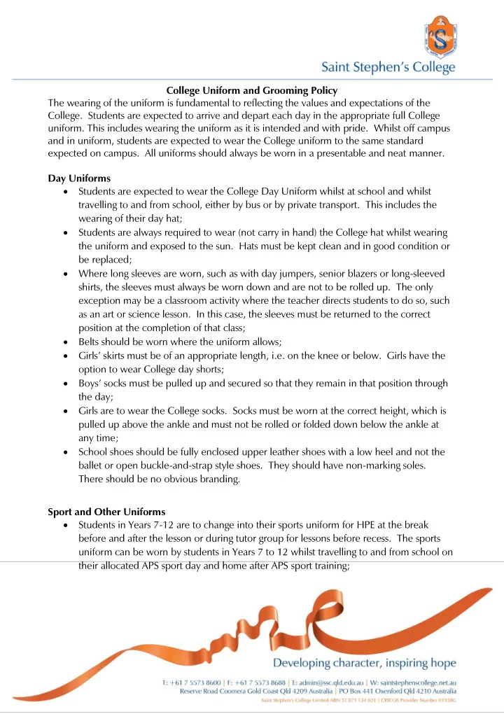 college uniform and grooming policy the wearing of the
