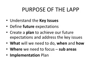 PURPOSE OF THE LAPP  Understand the Key Issues  Define future expectations  Create a plan