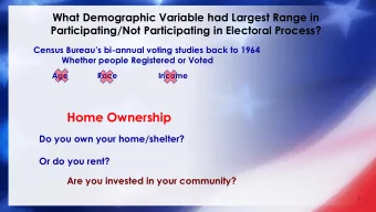 Home Ownership  Do you own your home/shelter?  Or do you rent?  Are you invested in your community?