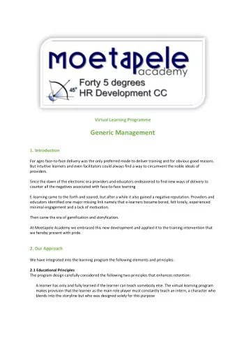 Generic Management  1. Introduction  For ages face-to-face delivery was the only preferred mode to