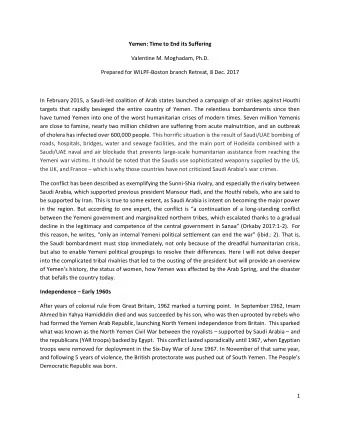 Yemen: Time to End its Suffering  Valentine M. Moghadam, Ph.D.  Prepared for WILPF-Boston branch