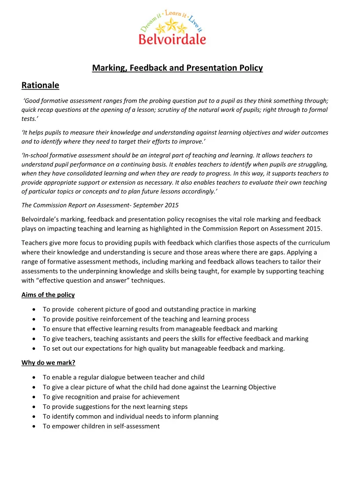 marking feedback and presentation policy rationale