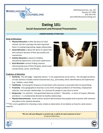 www.WheelhouseCounseling.com  Dating 101:  Social Assessment and Personal Presentation