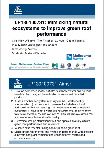 LP130100731: Mimicking natural  ecosystems to improve green roof  performance  CIs: Nick