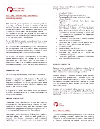 RACC Ltd.  Accounting and financial   Working and residence permits, cross-border  consulting