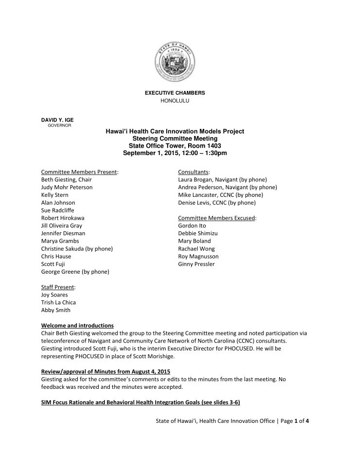 governor hawai i health care innovation models project