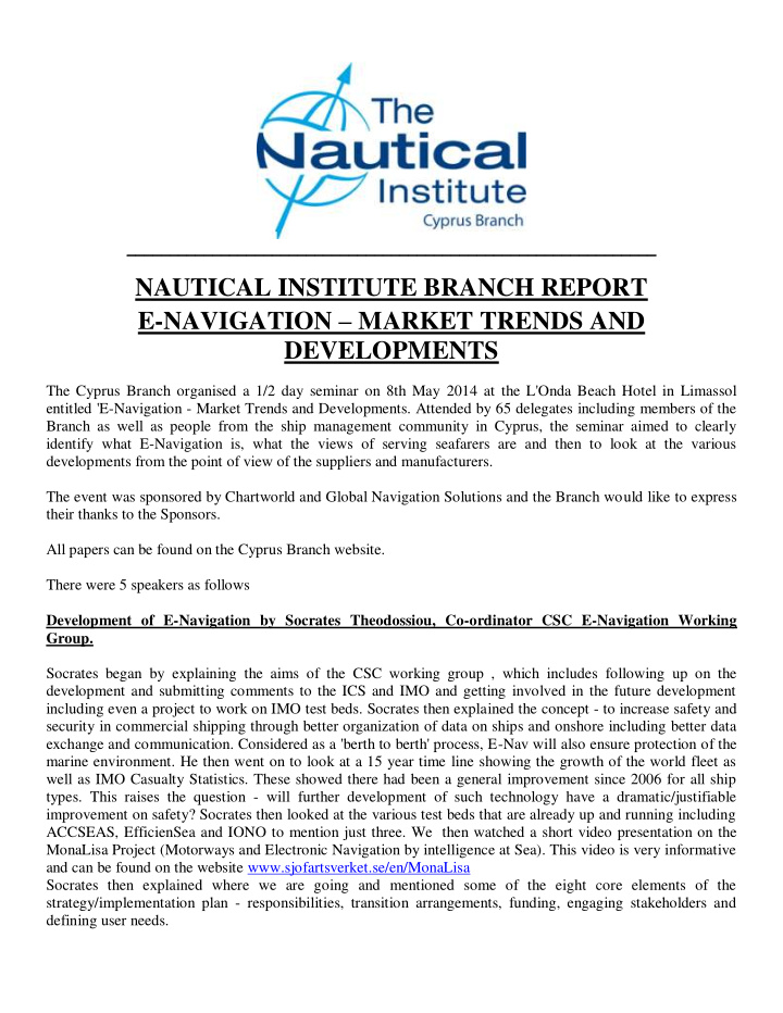 nautical institute branch report e navigation market