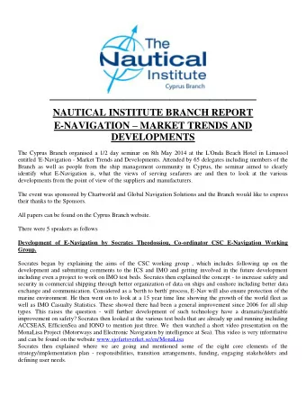 NAUTICAL INSTITUTE BRANCH REPORT E-NAVIGATION  MARKET TRENDS AND  DEVELOPMENTS  The Cyprus