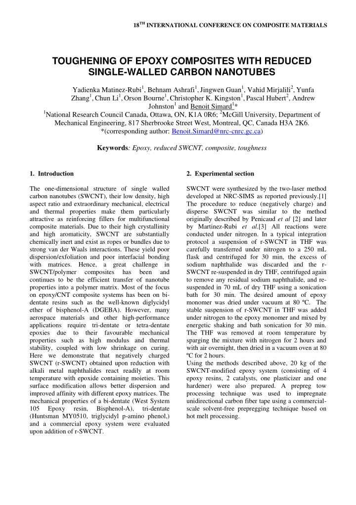 toughening of epoxy composites with reduced single walled