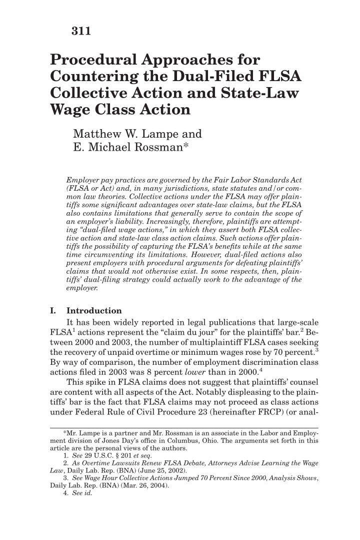 procedural approaches for countering the dual filed flsa