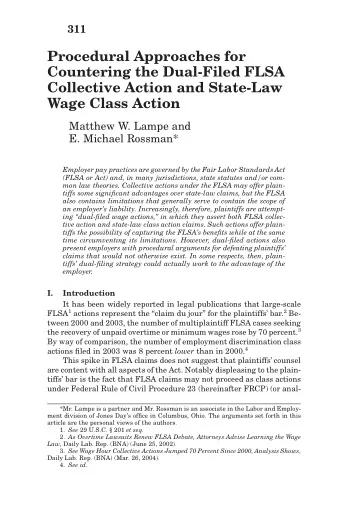 Procedural Approaches for  Countering the Dual-Filed FLSA  Collective Action and State-Law  Wage