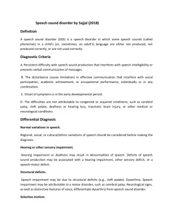 Speech sound disorder by Sajjal (2018)  Definition  A speech sound disorder (SSD) is a speech