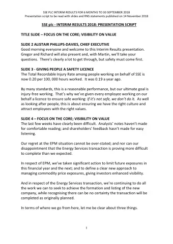 SSE plc - INTERIM RESULTS 2018: PRESENTATION SCRIPT TITLE SLIDE  FOCUS ON THE CORE; VISIBILITY