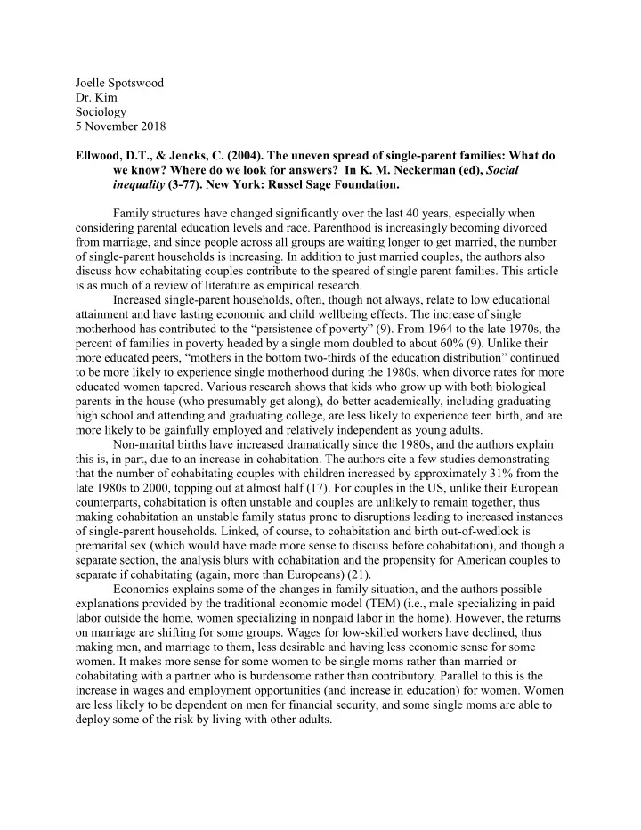 joelle spotswood dr kim sociology 5 november 2018 ellwood