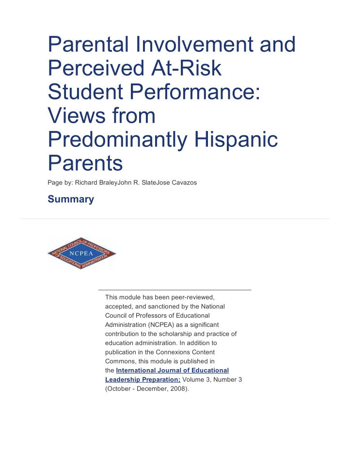 parental involvement and perceived at risk student