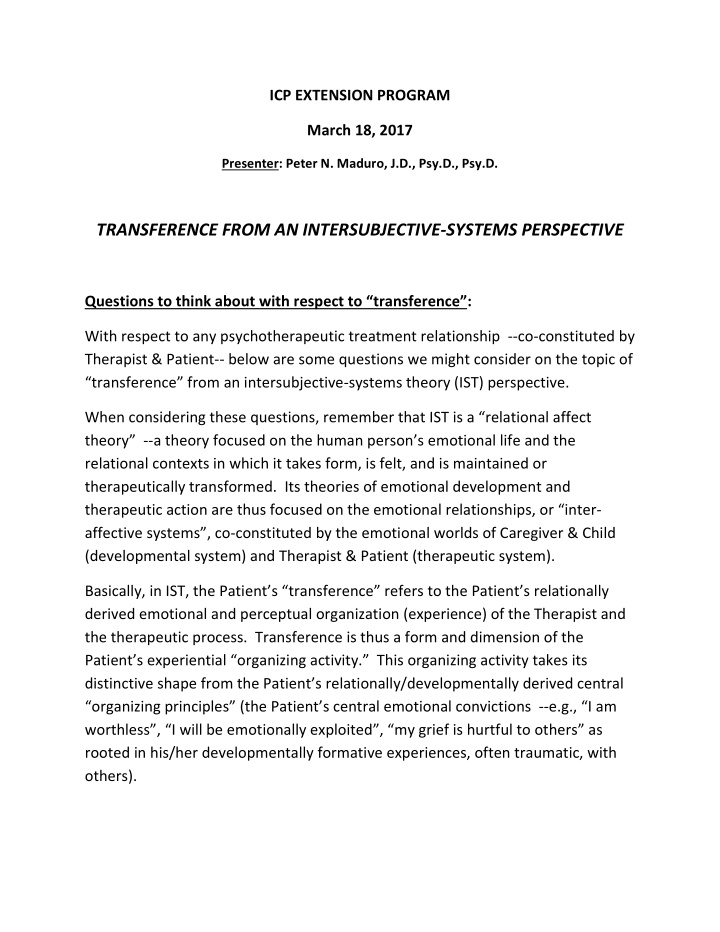 transference from an intersubjective systems perspective