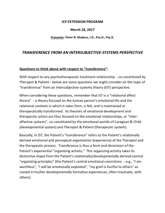 TRANSFERENCE FROM AN INTERSUBJECTIVESYSTEMS PERSPECTIVE  Questions to think about with respect
