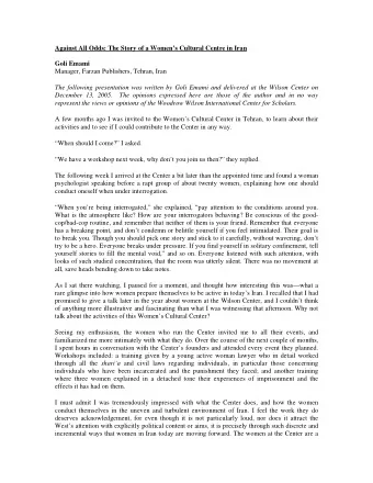 Against All Odds: The Story of a Womens Cultural Centre in Iran  Goli Emami  Manager, Farzan